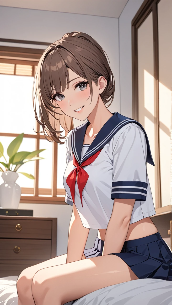 Highest quality　masterpiece　High resolution　masterpiece　Brown Bob　　Grey Eyes, high pony tail cut, wearing sailor uniform, teasing smile, tight, sit, bedroom, midriff peek, mature female