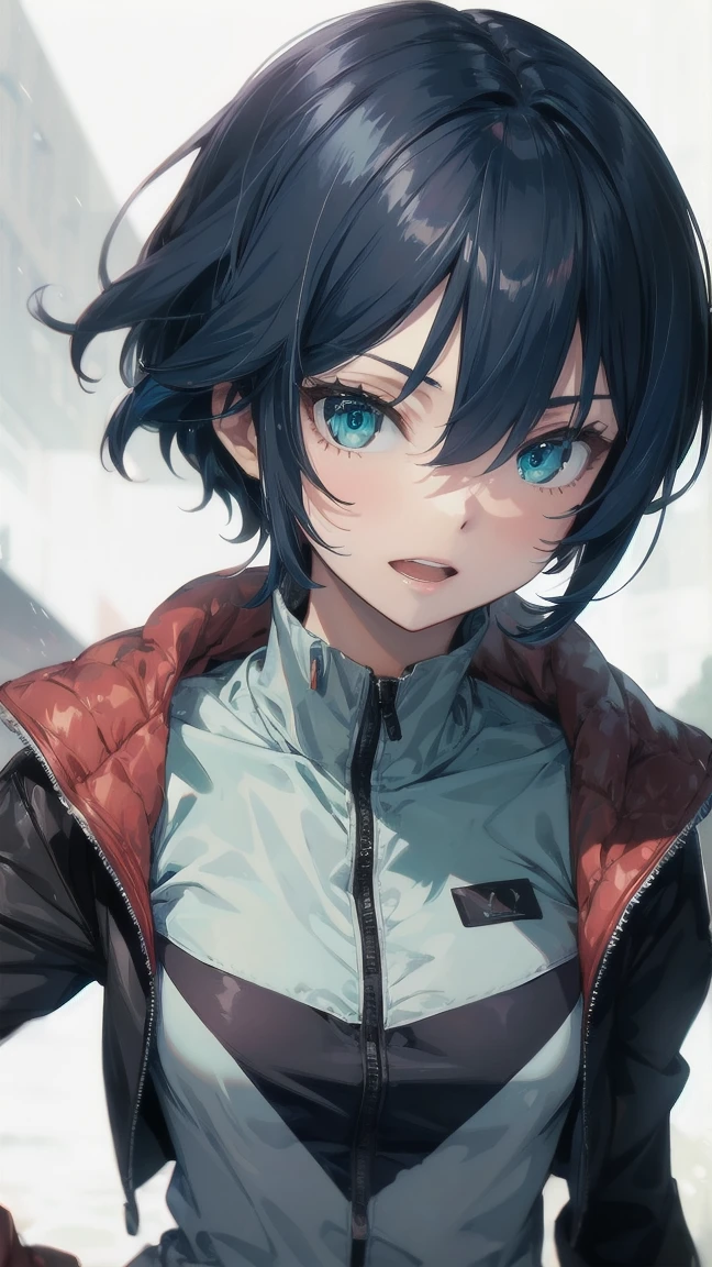Close-up of a manga girl with blue hair and a yellow shirt, 2D Animation, 2D Animation style, 2D Art, 2D Art, 2D from Gorillaz, 2D from Gorillaz, 2D Gorillaz, Screaming Cerket, 2D Sprite, Jinx Face, short hair, Small breasts, hot pants, ((Black Hair, Inner bright blue hair:1.4))