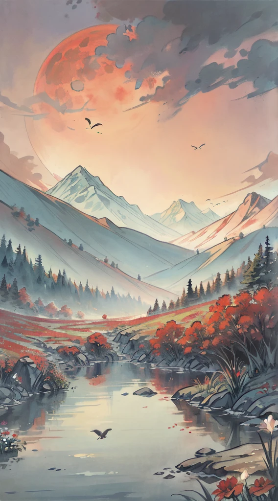 A painting of flowers and birds, the painting is a lot of flowers blooming on the ground, mountains and rivers, woods, hills, a red full moon in the sky, (do not appear figures)