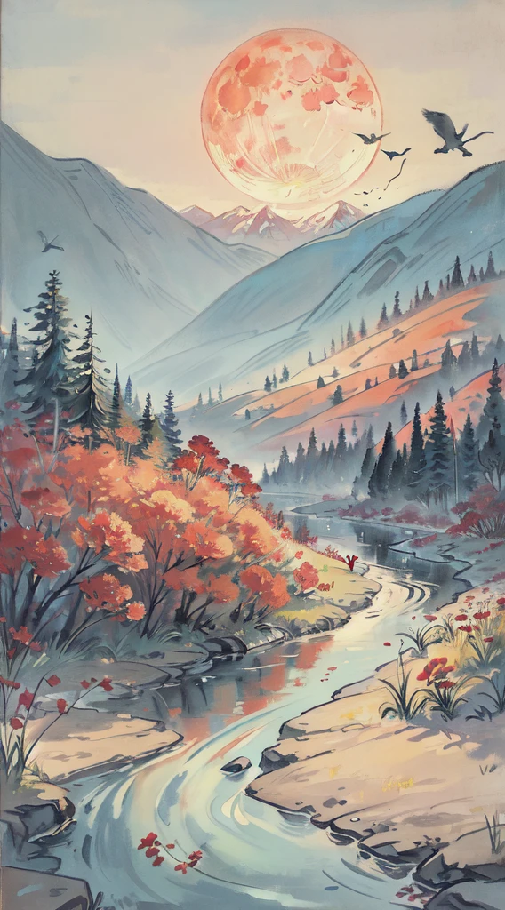 A painting of flowers and birds, the painting is a lot of flowers blooming on the ground, mountains and rivers, woods, hills, a red full moon in the sky, (do not appear figures)