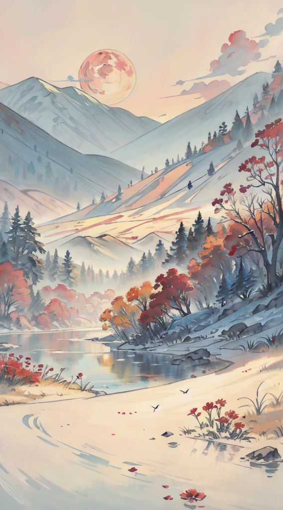 A painting of flowers and birds, the painting is a lot of flowers blooming on the ground, mountains and rivers, woods, hills, a red full moon in the sky, (do not appear figures)