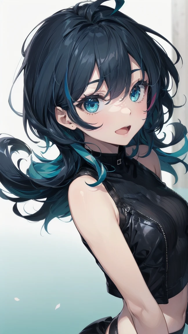 Close-up of a manga girl with blue hair and a yellow shirt, 2D Animation, 2D Animation style, 2D Art, 2D Art, 2D from Gorillaz, 2D from Gorillaz, 2D Gorillaz, Screaming Cerket, 2D Sprite, Jinx Face, short hair, Small breasts, hot pants, ((Black Hair, Inner bright blue hair:1.4))