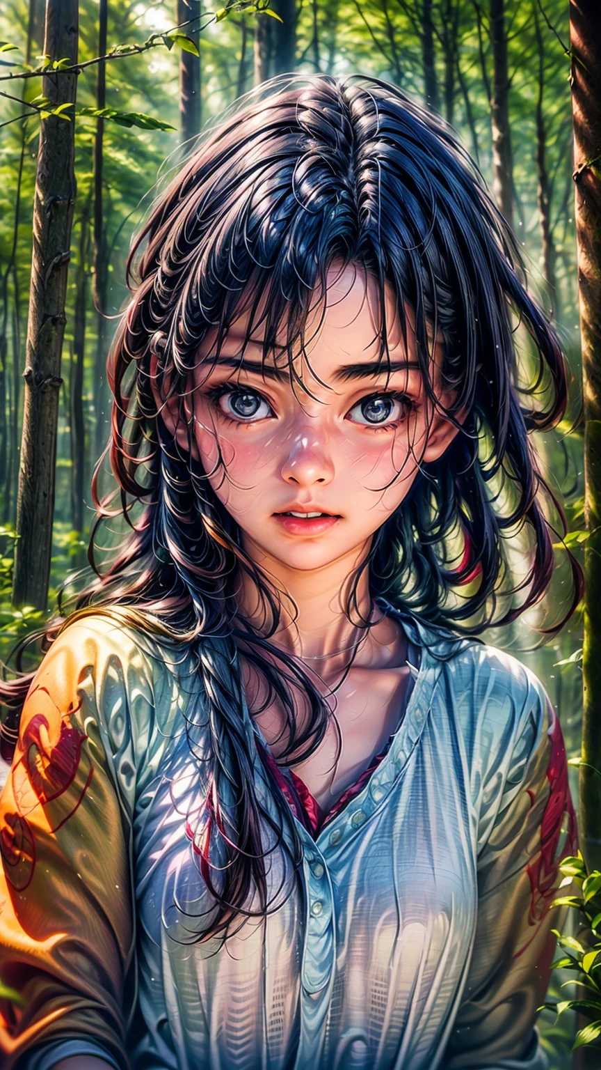 a mysterious girl in a foggy forest, detailed face, long hair, calm expression, (best quality,4k,8k,highres,masterpiece:1.2),ultra-detailed,(realistic,photorealistic,photo-realistic:1.37),dramatic lighting,moody atmosphere,mist,lush greenery,old-growth trees,atmospheric,dark fantasy,cinematic,dramatic lighting,chiaroscuro