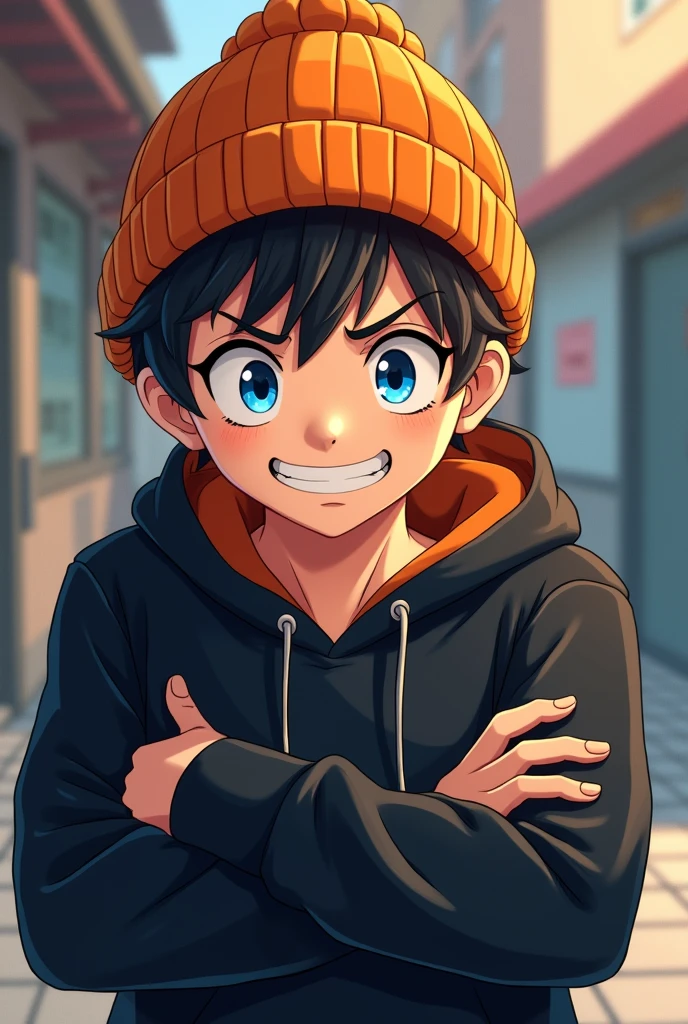 age boy, by rubio, blue eyes, orange wool hat, black sweatshirt, arrogant smile. anime drawing mode