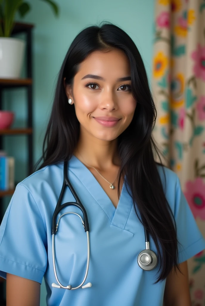 The image is a portrait style photograph showing a young woman with long straight black hair and a light to medium skin tone. She has a small piercing on her left nose and is wearing light pink lipstick. She is dressed as a doctor. The background includes a colorful patterned curtain on the right and a shelf with books and other items on the left. Of a Guatemalan nationality.