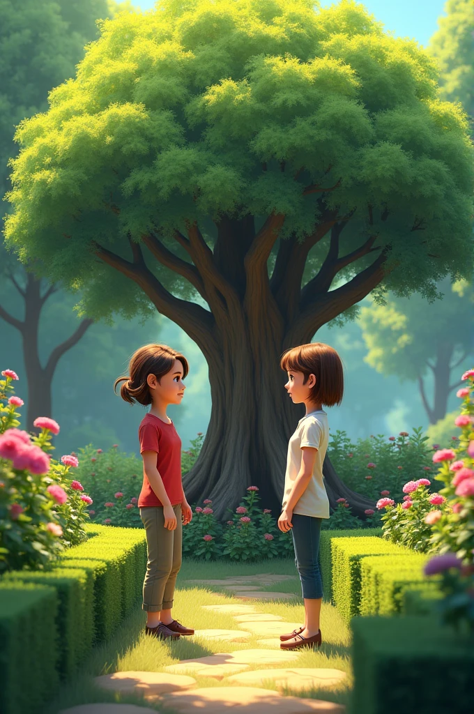 A  with medium brown hair and a  with short, straight hair are talking to a talking tree in the garden. 