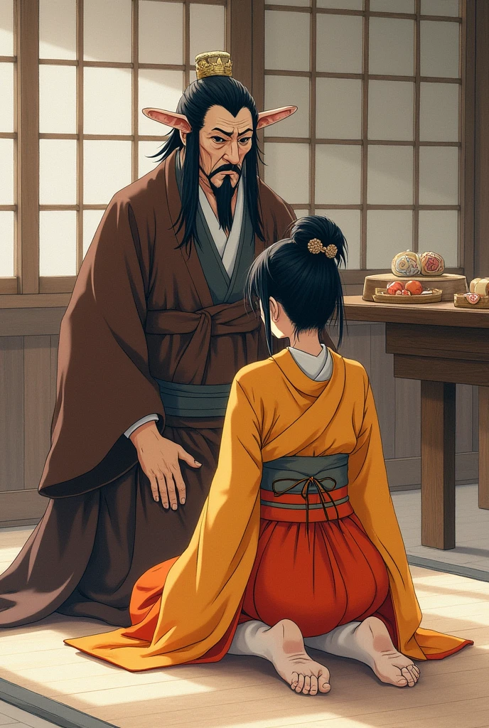 young samurai girl beautiful face Japanese facial features, slanted eyes loose long hair, athletic body orange and yellow kimono subservient position bent over with knees and hands on the ground facing an old man with a brown kimono with a tengú mask with a long pointed Japanese nose, traditional Japanese room with a counter and a traditional game board of round shogi pieces near them, Japanese watercolor art, angle of the image behind the girl