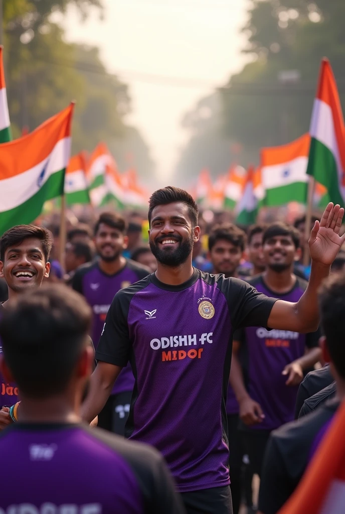 Happy independence day 
With indian flags 
People are wearing black and purple OdishaFC jersey 
