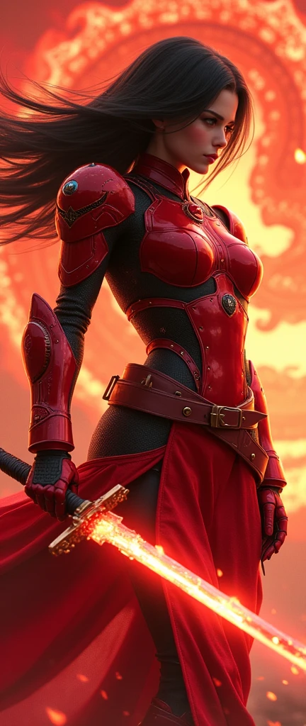 (masterpiece:1.2, Highest quality,High resolution,Super detailed),8k,wallpaper,(Very detailed),(Armored Core Style),Woman (Emma Watson) in cheongsam robot armor,Black Hair,Random Hairstyles,(Flame Ninja),(Red body),(Detailed face:1.3),(Detailed body:1.3),(Cowboy Shot:1.6),(The background is a red battlefield with a translucent dragon made of summoned flames.:2.0),Hair blowing in the wind,cyber punk,(dynamic),(Preparing for battle,Wield a giant sword with both hands:1.2,The electronic parts of the armor glow.:1.6),(Detailed hands:1.6),(Flashy special move effects:2.0)