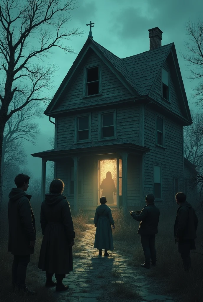 The eerie village the next day, with villagers standing outside the abandoned house, staring at the mirror inside, now displaying a new shadow every day.