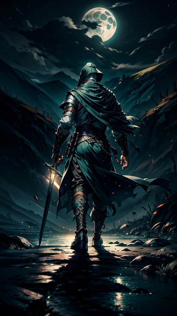 In green color islamic muscular warrior backside full body cover islamic clothes in full moon night 8k quality fantasy illustration
Here’s the revised prompt including the Zulfiqar sword:
"A highly detailed illustration of an Islamic warrior walking firmly into the distance, facing away from the audience under a full moon night. The warrior is adorned in traditional Islamic attire, including a cloak on his head and a long chadar flowing behind him. He carries the iconic ((Zulfiqar sword,)) which has a split tip, strapped to his back. The scene is set in a vast desert under the dark sky, with rolling white clouds and thick smoke drifting into the air. Eagles soar above as the moonlight casts noticeable shadows and light effects. The image has a vivid color scheme with a focus on dark, deep tones, enhanced by light particle effects. The overall style is akin to an ink painting with clear layers, depth of field, and ray tracing, emphasizing the nocturnal atmosphere. This 8k quality image is suitable for a wallpaper, capturing the mysterious journey through a moonlit landscape."
