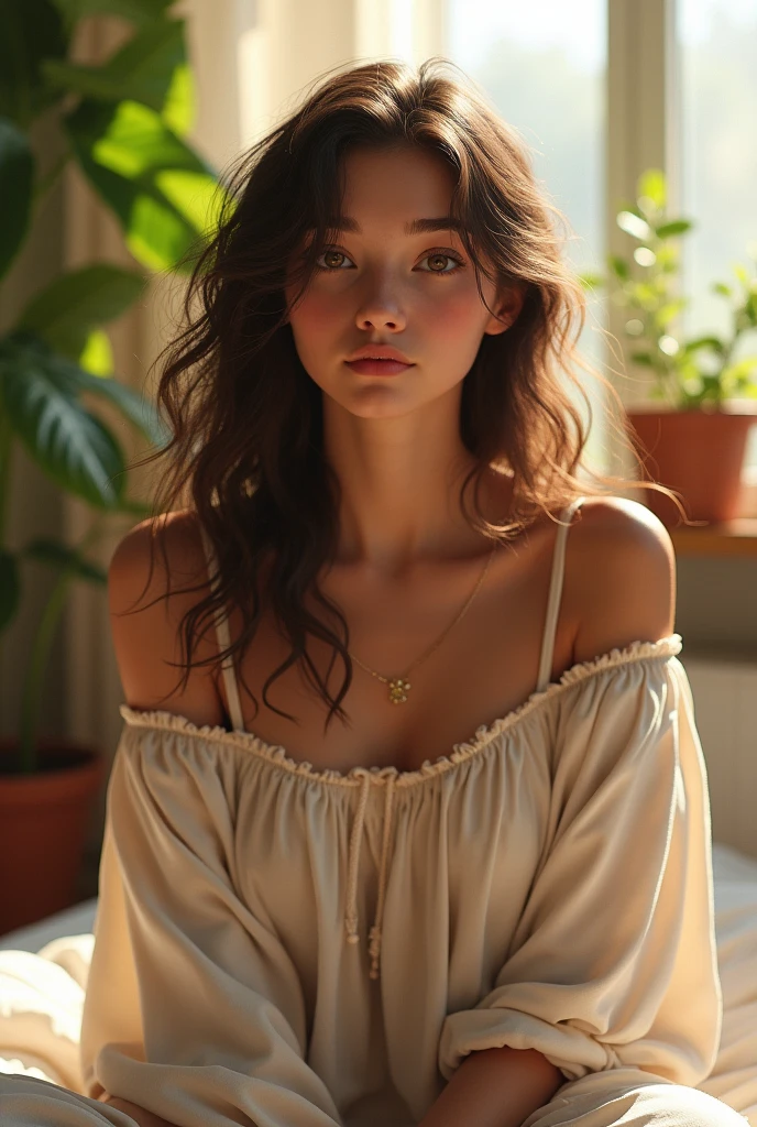 (photorealism:1.2), big eyeballs , sitting on bed, wearing loose off-shoulder top, pajama pants, long curly hair, indoors, soft lighting, plants in background, window with sunlight, cozy room, relaxed pose, realistic, intricate details, warm colors, by Greg Rutkowski, by Alphonse Mucha