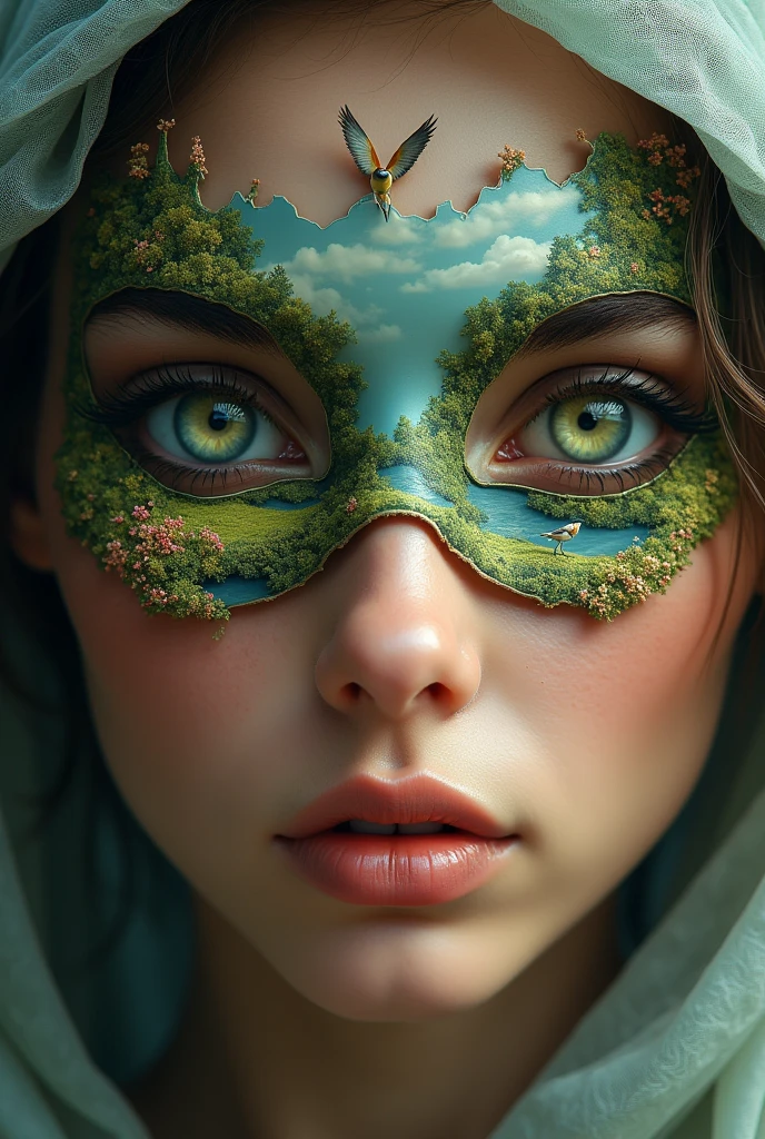 The face of a very beautiful woman with bright eyes. In her iris, there are images of landscapes like flowers and birds, and she takes off a mask.