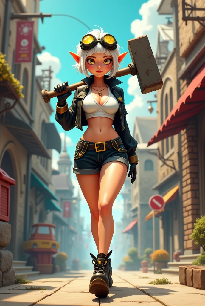 Create a cartoon style character, Beautiful woman with elf ears, bee, with beautiful yellow eyes, freckles and welding goggles, steampunk style, short hair, Crazy, white. wide hips and thighs, normal head. viste un top corto white con escote, Black jacket with gold details, Short black shorts, Black gloves and boots with subtle gold details, urban style clothing. walking through a surreal city, mixing styles, medieval, Current era. holding a giant hammer effortlessly on her shoulder. He has a slight burn scar on the right side of his face.. three dimensional effect