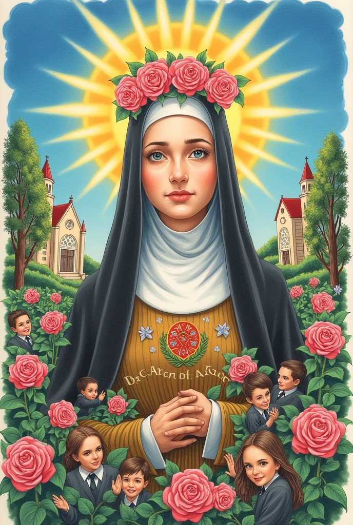 Saint Rose of Lima: As the central figure, puede dibujar a Saint Rose of Lima con su corona de rosas y vestida con su hábito característico. Make sure that Santa Rosa's face expresses serenity and love, to reflect its virtues.
Representative elements of the school:
School crest: If the school has a shield or logo, puede incorporarlo somewhere in the drawing, perhaps in a corner or as part of the background.
students "Santa Rosinos": You can draw some children dressed in school uniform, smiling and participating in school activities, like reading or playing, to show life at school.
Flowers and nature: Como Saint Rose of Lima es conocida por su amor por la naturaleza, Your daughter could include elements such as flowers, trees, or a garden around Santa Rosa, symbolizing purity and connection with nature.
The church or a chapel: If there is a church or chapel at the school, I could draw it in the background, What symbolizes faith and the importance of spirituality in education.
Radiant sky: A clear blue sky with the sun shining or a halo around Santa Rosa can add a heavenly and positive touch to the drawing..
School sign: Enter the name "Saint Rose of America" somewhere in the drawing, perhaps on the door of a school building or on a banner held by students, can help to clearly identify the topic.
vivid colors: Make sure to use bright and cheerful colors to catch the attention and reflect the positive energy of the school anniversary..
Including these details will help make your drawing not only representative, but also full of meaning and relevance to the theme of the contest.