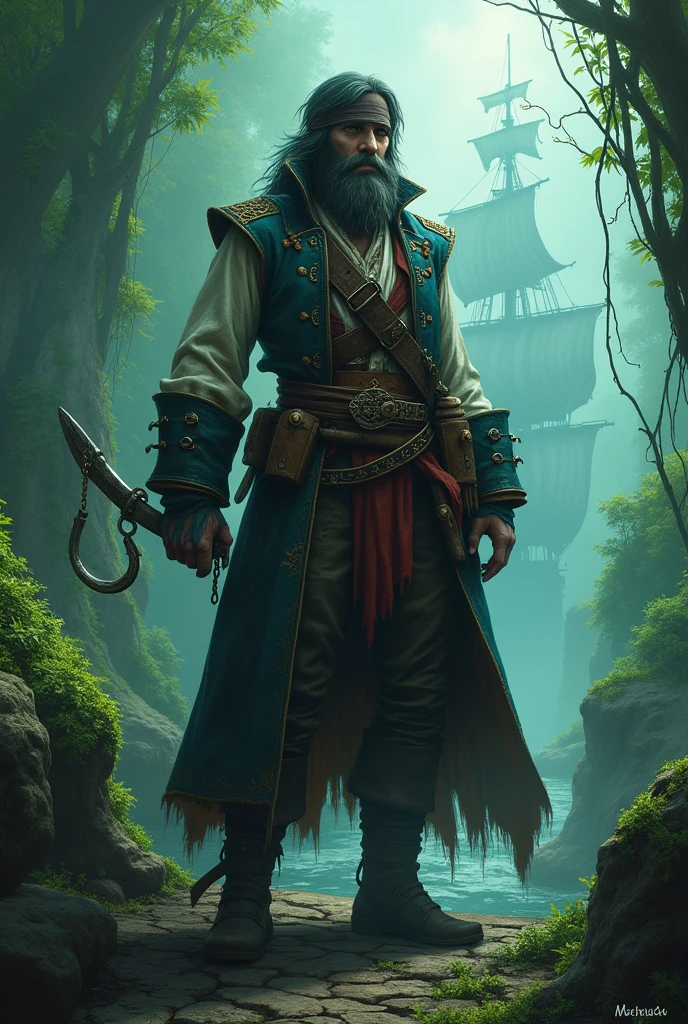 Ghost pirate with anchor hook on the left medium beard on his haunted ship and verdant background