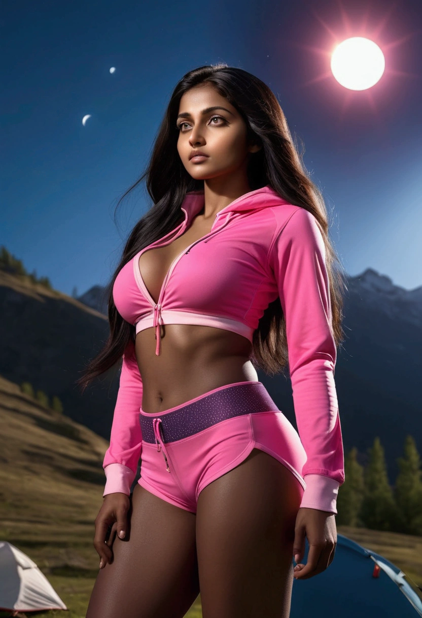 Eclipse solar .Mountain. young indian girls dark skin long dark hair blue eyes wearing pink sexy camping clothes athletic bodies slim big breasts big buttocks looking at the eclipse