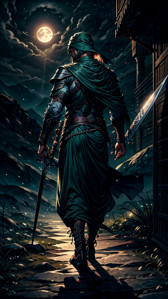 In green color islamic muscular warrior backside full body cover islamic clothes in full moon night 8k quality fantasy illustration 
Here’s the revised prompt including the Zulfiqar sword:

"A highly detailed illustration of an Islamic warrior walking firmly into the distance, facing away from the audience under a full moon night. The warrior is adorned in traditional Islamic attire, including a cloak on his head and a long chadar flowing behind him. He carries the iconic ((Zulfiqar sword,)) which has a split tip, strapped to his back. The scene is set in a vast desert under the dark sky, with rolling white clouds and thick smoke drifting into the air. Eagles soar above as the moonlight casts noticeable shadows and light effects. The image has a vivid color scheme with a focus on dark, deep tones, enhanced by light particle effects. The overall style is akin to an ink painting with clear layers, depth of field, and ray tracing, emphasizing the nocturnal atmosphere. This 8k quality image is suitable for a wallpaper, capturing the mysterious journey through a moonlit landscape."