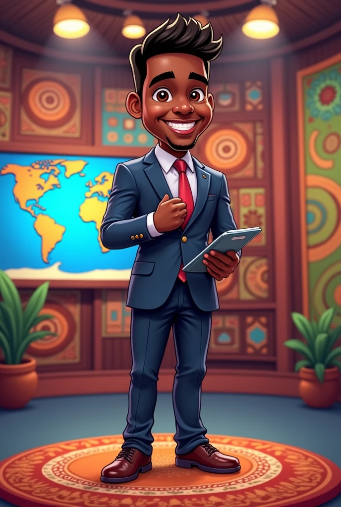 Create a picture of African American cartoon man presenting news in the chichewa Rhapsody of realities TV studio