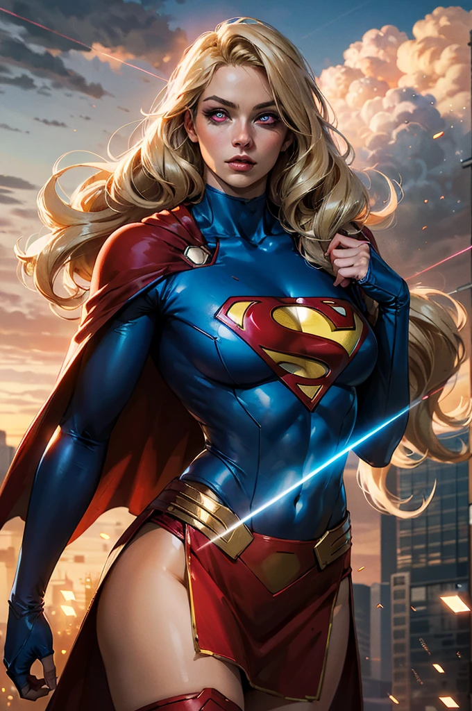 nijistyle, Cowboy shot of beautiful woman in Superman costume, Long Blonde Hair, Heroic, Glowing red eyes, laser eyes, Cape, Particle, Clouds, skyporn, Red skirt, Red boots, Sexy Pose