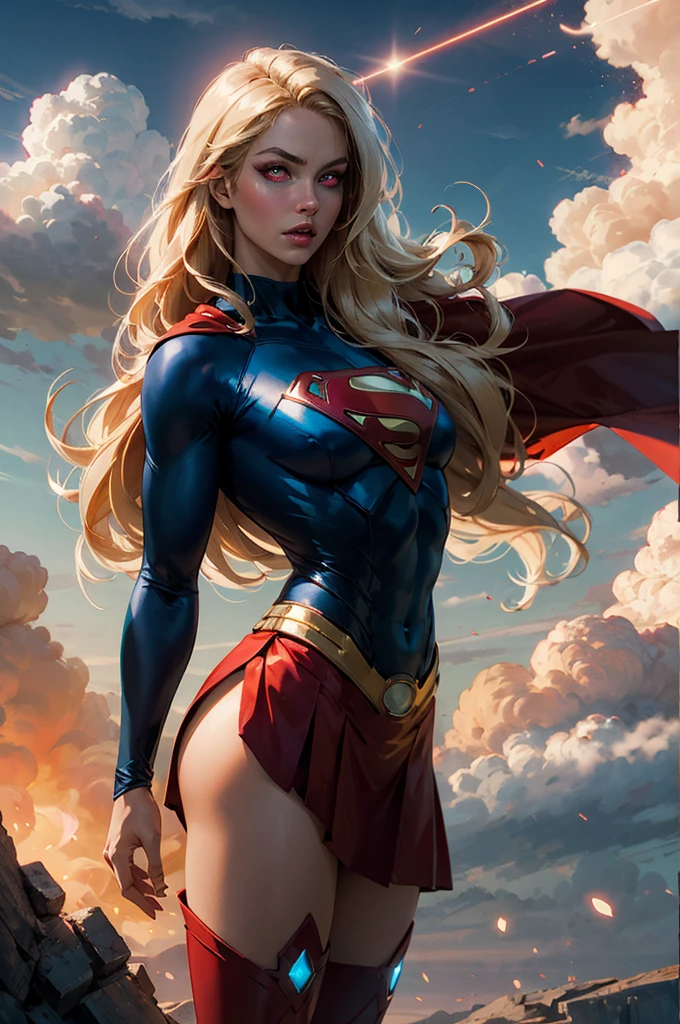 nijistyle, Cowboy shot of beautiful woman in Superman costume, Long Blonde Hair, Heroic, Glowing red eyes, laser eyes, Cape, Particle, Clouds, skyporn, Red skirt, Red boots, Sexy Pose