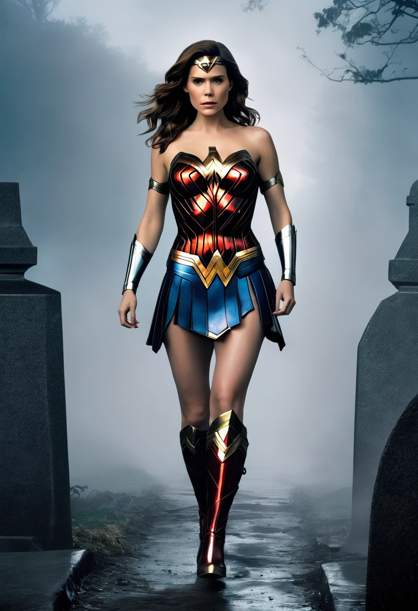 Kate Mara as DC's Wonder Woman in a sexy outfit (unzipped down the middle), emerging from a mysterious fog, graveyard, sultry
