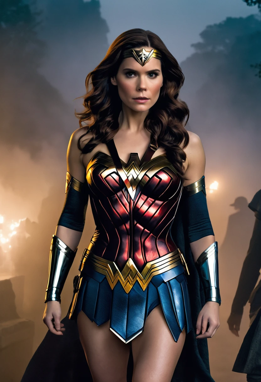 Kate Mara as DC's Wonder Woman in a sexy outfit (unzipped down the middle), emerging from a mysterious fog, graveyard, sultry
