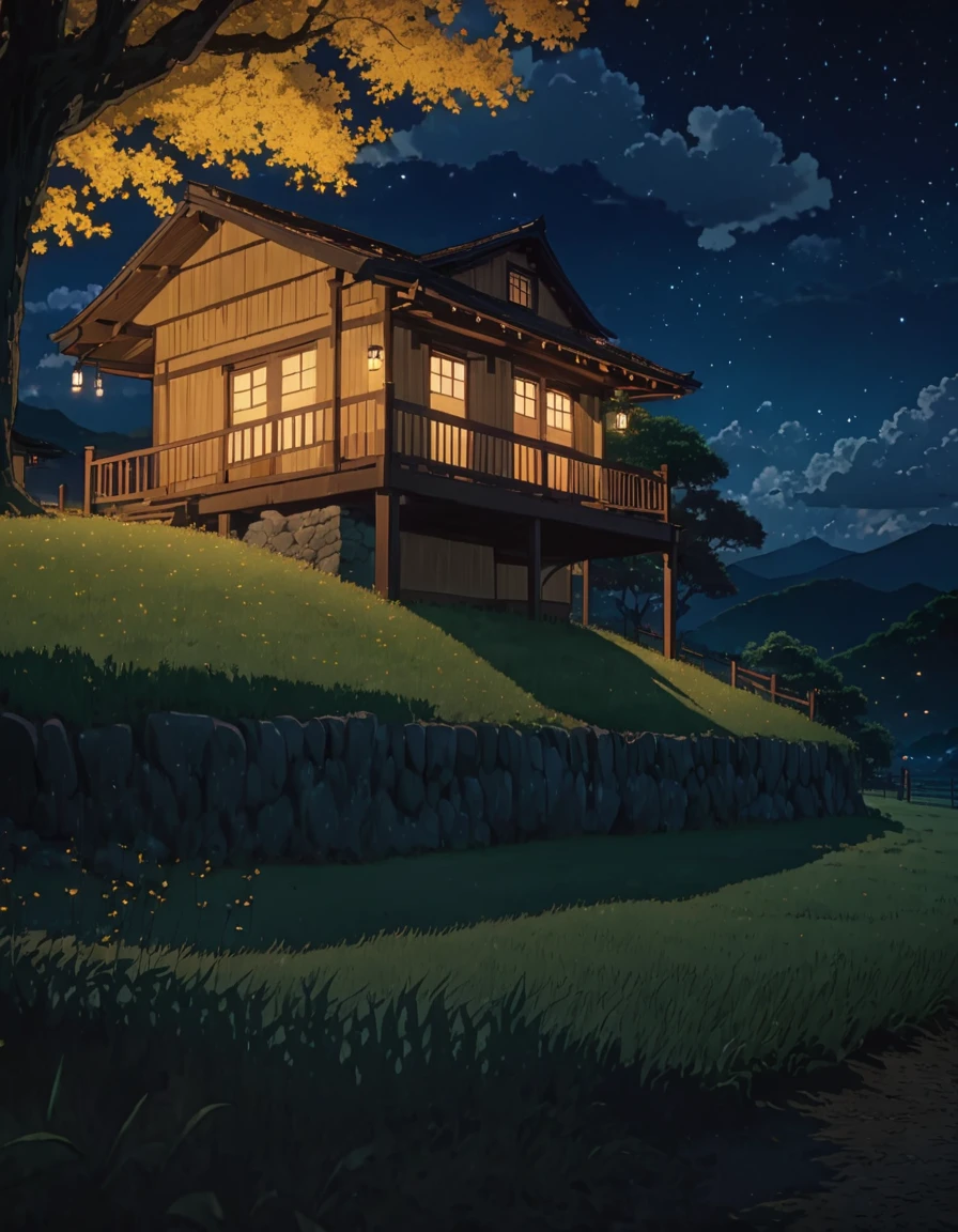 masterpiece!!!! 8k an anime GHIBLI STYLE cabin!!!!! The image shows a serene night scene of a house under a tree, hills, golden clouds, anime lighting, 8k fireflies, grass, night, golden leaves, anime style ghibli, under tree, boil a night sky, clouds animated lighting!!!!!! and shadow, Firefly