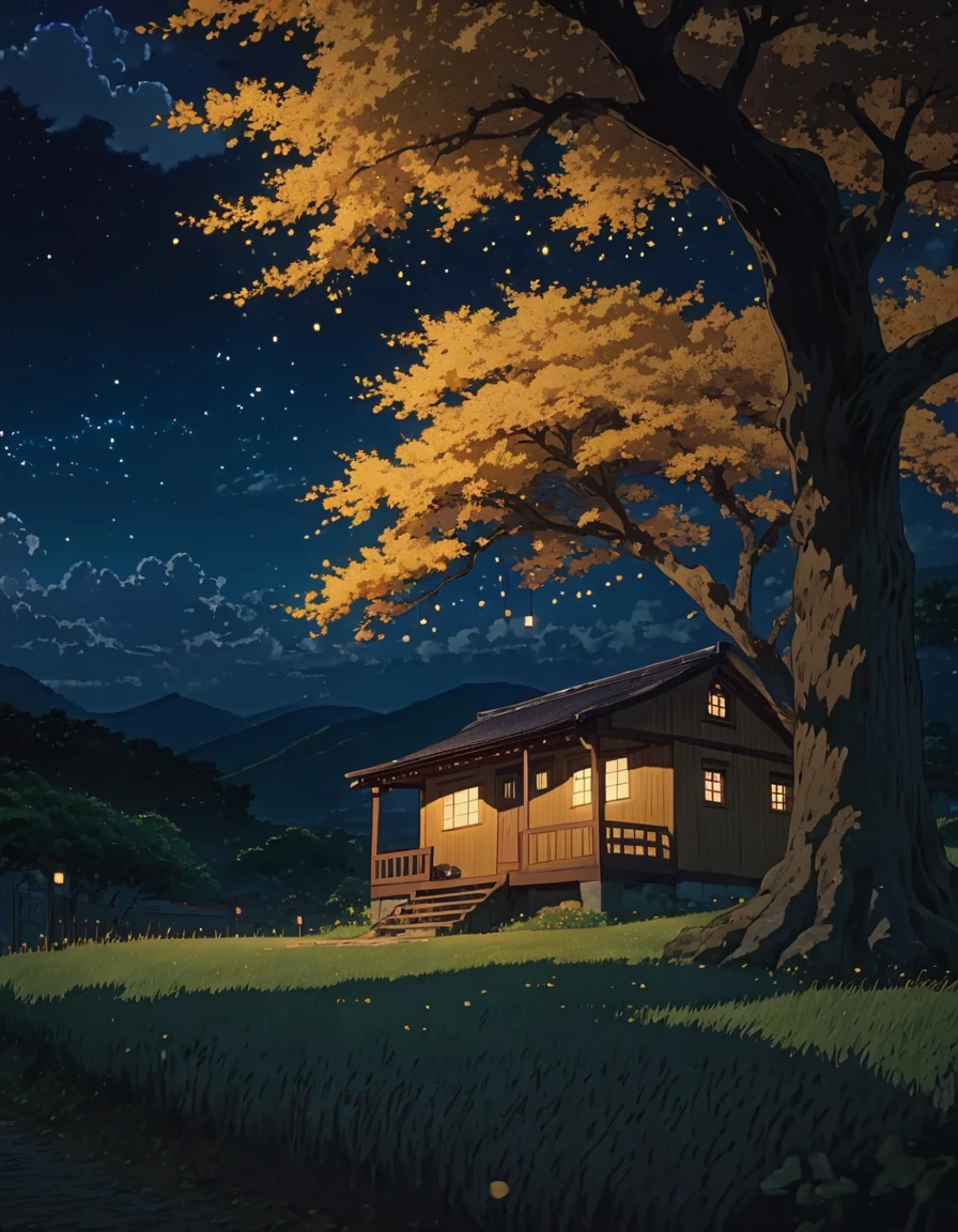 masterpiece!!!! 8k an anime GHIBLI STYLE cabin!!!!! The image shows a serene night scene of a house under a tree, hills, golden clouds, anime lighting, 8k fireflies, grass, night, golden leaves, anime style ghibli, under tree, boil a night sky, clouds animated lighting!!!!!! and shadow, Firefly