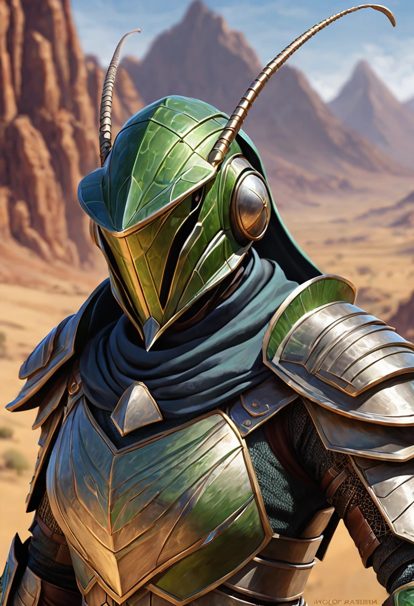 Grasshopper knight. Award-Winning Digital Masterpiece In 4K Ultra HD, Extreme Detail And Intricate Realism. Symmetrical Face. This Concept Art Brought To Life By The Hands Of Artists Like Wlop & Artgerm In A Stunning 2D Vector Illustration.Background Is A Panoramic Vista.