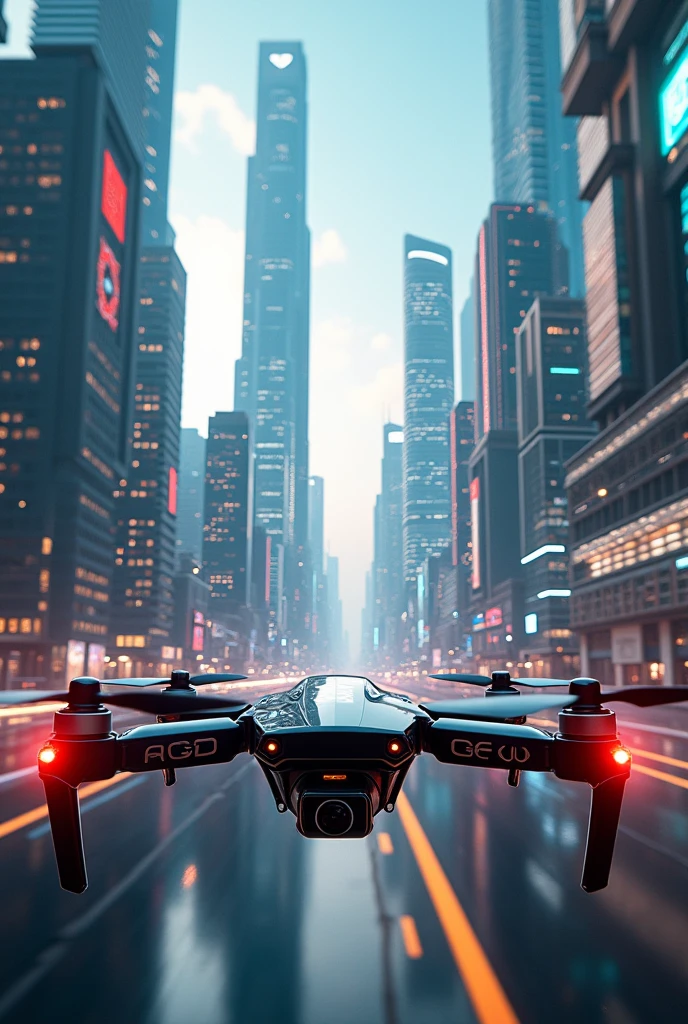 Cinematic, photorealistic, high budget sci-fi movie. An FPV drone captures the sleek futuristic skyline, sweeping across dazzling skyscrapers.