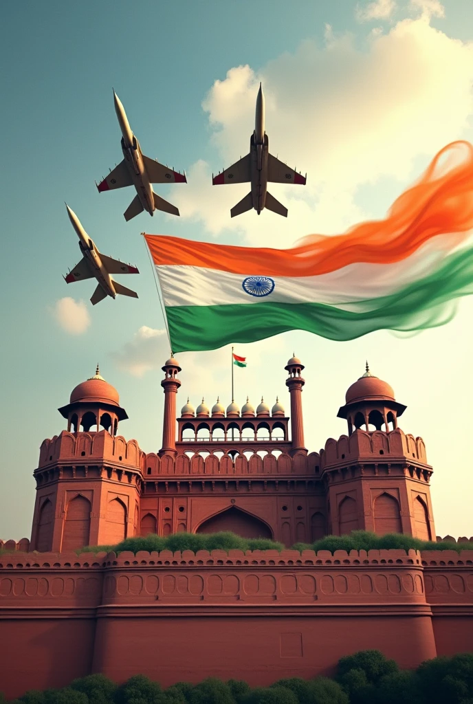 Red fort with Indian Flag In background Three jets flying with Indian tricolour 