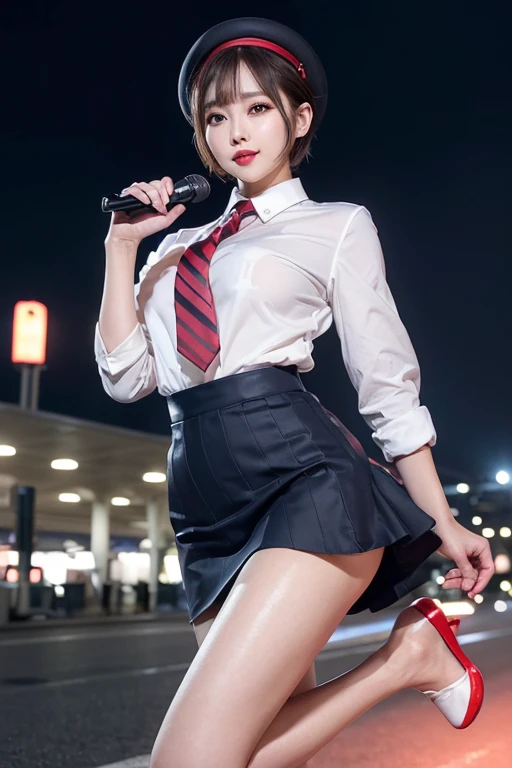 Highest quality，Ultra HD，(((whole body,With legs)))、(((Japanese flight attendant uniform 1.6))), (((Red striped tie, Tight Skirt，best-dressed uniform、Tekast, white formal short gloves,(黒のHigh heels), ((holding a mini microphone)),Japanese CA，A small smile,白いTight blouse)))、((navy bowler hat 1.4)), White gloves, High heels、(Photorealistic:1.4)、(Surreal:1.4)、(Realistic:1.3)、 (Gentle lighting: 1.05)、32K、 One Woman、35-year-old woman、Photorealistic Lighting、Backlight、Facial Light、Ray Tracing、(bright:1.2)、(Improvement of quality:1.4)、 (Highest qualityのリアルテクスチャスキン)、Beautiful Eyes,delicate and elegant features, White blouse,Tight blouse,tight best-dressed uniform, (Enhance your body line:1.1),((Glowing Skin 1.4))、((blonde short bob 1.5)),Korean Idol、Idol Pose、A small smile,blush,Beautiful actress、A proper woman,whole body, (((Small and beautiful breasts))),(Perfect teeth alignment),narrow waist and hips,Beautiful legs,Full Shot)、(((Charm、Embarrassing))),(eye shadow),((Red cheeks、Red lips)),Very beautiful night view、At night,A small smile,(((Full Shot)))、(((airport terminal background 1.5))),