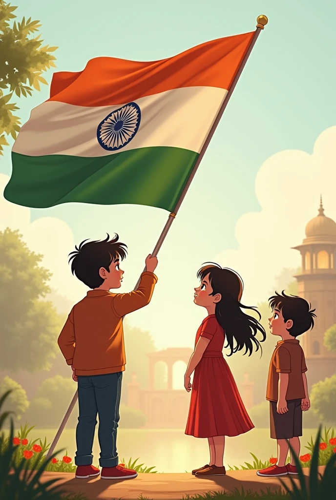 A Young Boy saluting Indian flag and his sister and brother are standing on both on each side one holding flag back view.