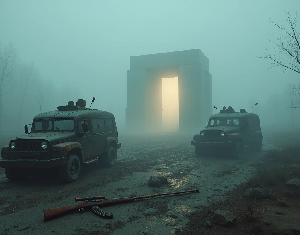 !3d render, 2men, duo, miniature diorama, 2 scavengers about to explore an abandoned cold war bunker in the woods, backpack, closed bunkerdoor, concept art