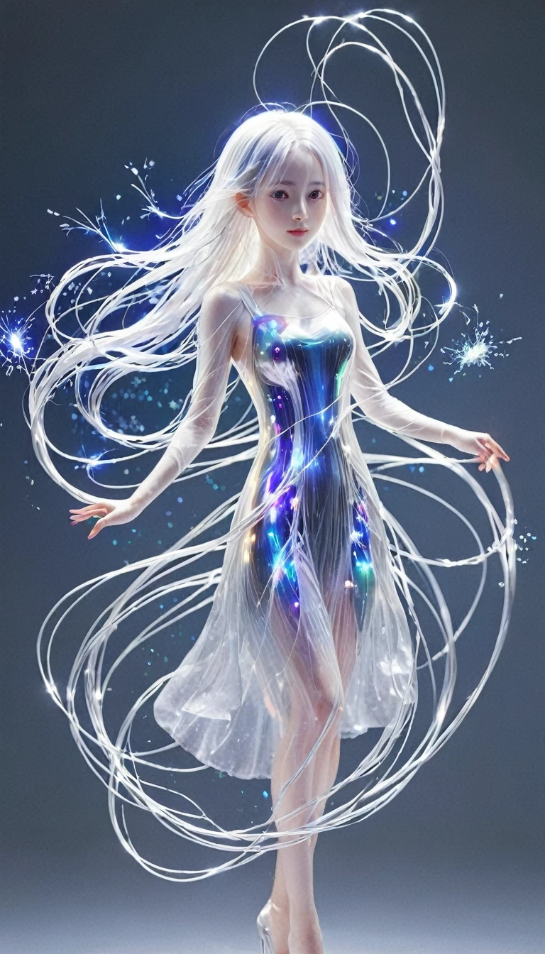bail_particle,bail_Wire,光Wire,光particle,A girl made of particle,The density of Wire at the finger part is high,(White hair:0.3),