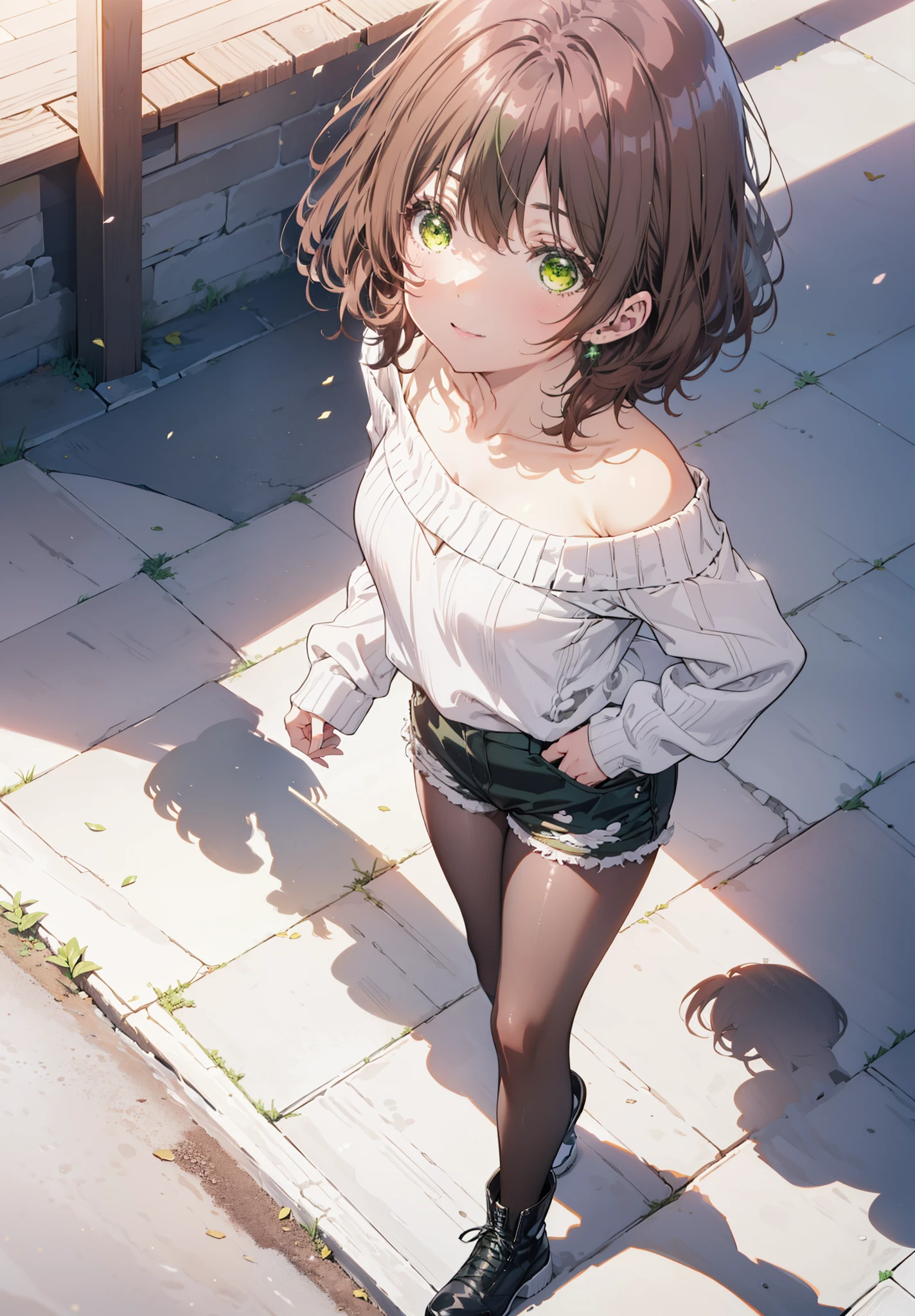 Seven days, Aoi Hinami, short hair, bangs, Brown Hair, (Green Eyes:1.5), smile,One-shoulder sweater,Bare arms,Shorts,Black pantyhose,short boots,Walking,whole bodyがイラストに入るように,
break outdoors,In town,
break looking at viewer,whole body,
break (masterpiece:1.2), Highest quality, High resolution, unity 8k wallpaper, (figure:0.8), (Beautiful attention to detail:1.6), Highly detailed face, Perfect lighting, Highly detailed CG, (Perfect hands, Perfect Anatomy),