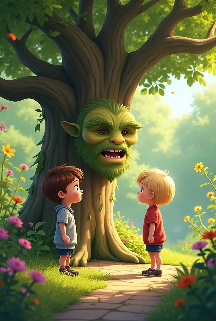  with medium brown hair and  with straight blonde hair and short (child) 
talking to a talking tree in the garden 