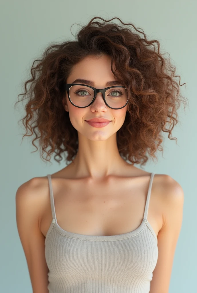 A young woman aged 21, with 1,50 tall, slim and defined body, light brown curly hair, Oval face, full lips in a smile, square eyeglasses.