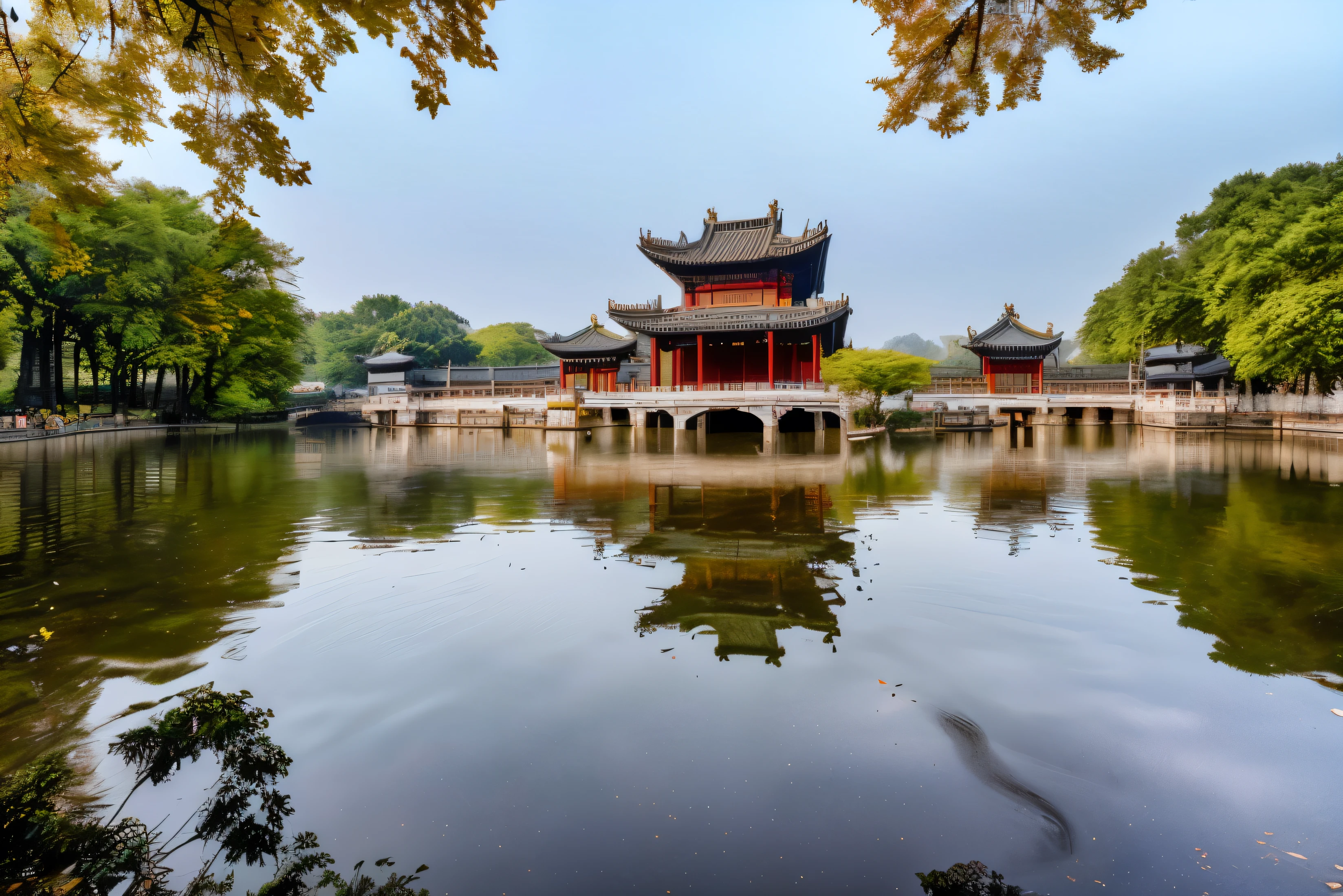 A huge palace stands in the middle of the lake, ancient Chinese Architecture, Chinese Architecture, Chinese Architecture, Chinese Palace, zhouzhuang ancient town, New China, Tang Dynasty Palace, Chinese Temple, Chinese scenery, with a Chinese Temple, Dreamy Chinatown,  building along a river, RAW，uhd，8k，Detailed Details，Best quality，Perfect color matching，Cinematic atmosphere，Masterpieces shot by international photography masters，National Geographic Photography Award Winners，Cool autumn weather，Long exposure of the lake，Cool autumn weather，Long exposure of the lake，