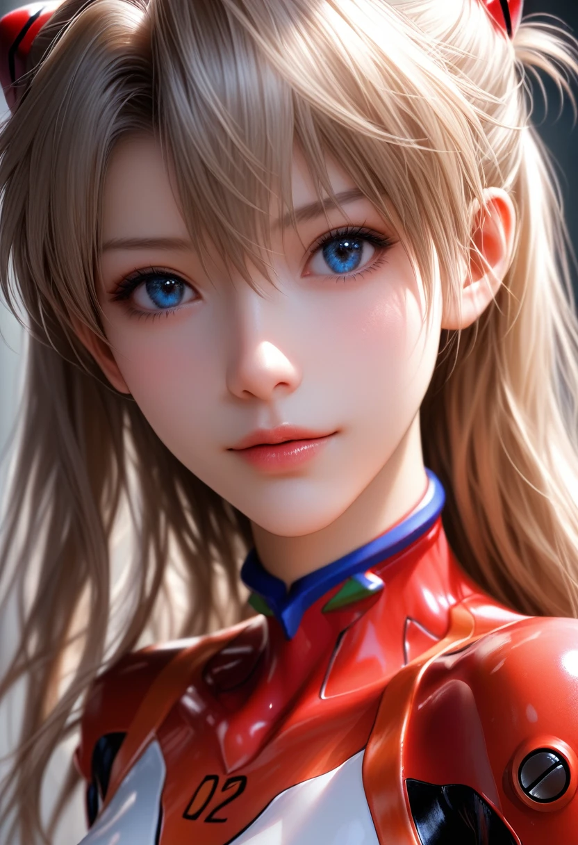score_9, score_8_up, score_7_up, Asuka Langley Soryu in plugsuit, charming face, Neon Genesis Evangelion, Close-up details, realistic style photo young woman, platinum brown hair, long hair, outstanding style, tall, cute, in her teens. Use soft lighting to cast gentle shadows on the subject, adding a touch of dimension to your images without compromising details, Girl's profile picture, realistic skin texture, detailed picture, HD32k