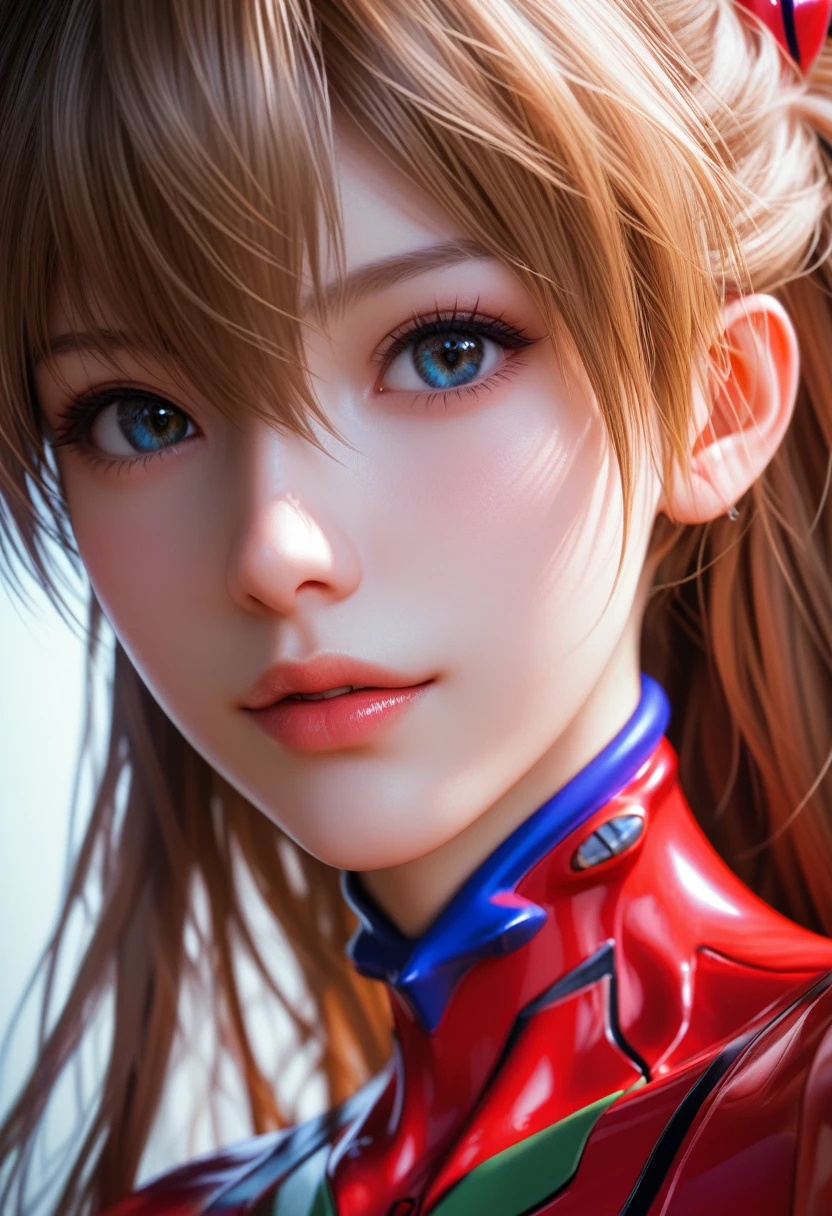score_9, score_8_up, score_7_up, Asuka Langley Soryu in plugsuit, charming face, Neon Genesis Evangelion, Close-up details, realistic style photo young woman, platinum brown hair, long hair, outstanding style, tall, cute, in her teens. Use soft lighting to cast gentle shadows on the subject, adding a touch of dimension to your images without compromising details, Girl's profile picture, realistic skin texture, detailed picture, HD32k