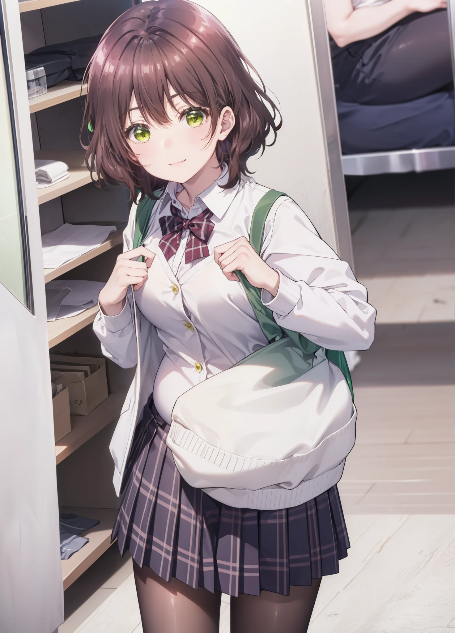 Seven days, Aoi Hinami, short hair, bangs, Brown Hair, (Green Eyes:1.5), smile,
break skirt, shirt, Long sleeve, school uniform, Jacket, white shirt, Pleated skirt, tie, collared shirt, Plaid, Plaid skirt, blazer, red tie,Black pantyhose,loafers,During pregnancy, childbirth, work, During pregnancyのお腹を抱きしめる,whole bodyがイラストに入るように,Are standing,
break indoors, room,
break looking at viewer,whole body,
break (masterpiece:1.2), Highest quality, High resolution, unity 8k wallpaper, (figure:0.8), (Beautiful attention to detail:1.6), Highly detailed face, Perfect lighting, Highly detailed CG, (Perfect hands, Perfect Anatomy),