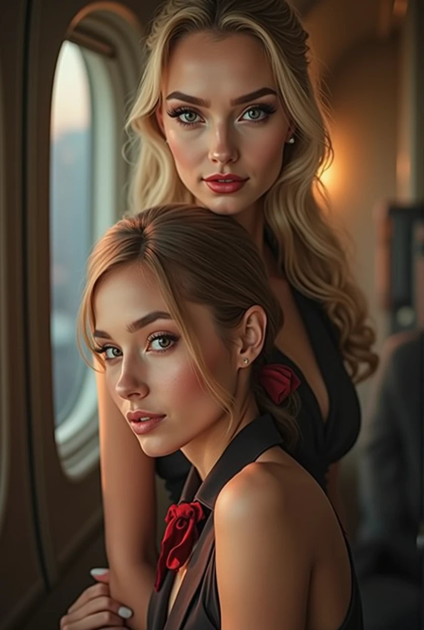 A beautiful young woman in flight attendant uniform, extremely detailed face and eyes, long eyelashes, elegant expression, (best quality,4k,8k,highres,masterpiece:1.2),ultra-detailed,(realistic,photorealistic,photo-realistic:1.37),HDR,UHD,studio lighting,ultra-fine painting,sharp focus,physically-based rendering,extreme detail description,professional,vivid colors,bokeh,portraits,photorealistic illustration