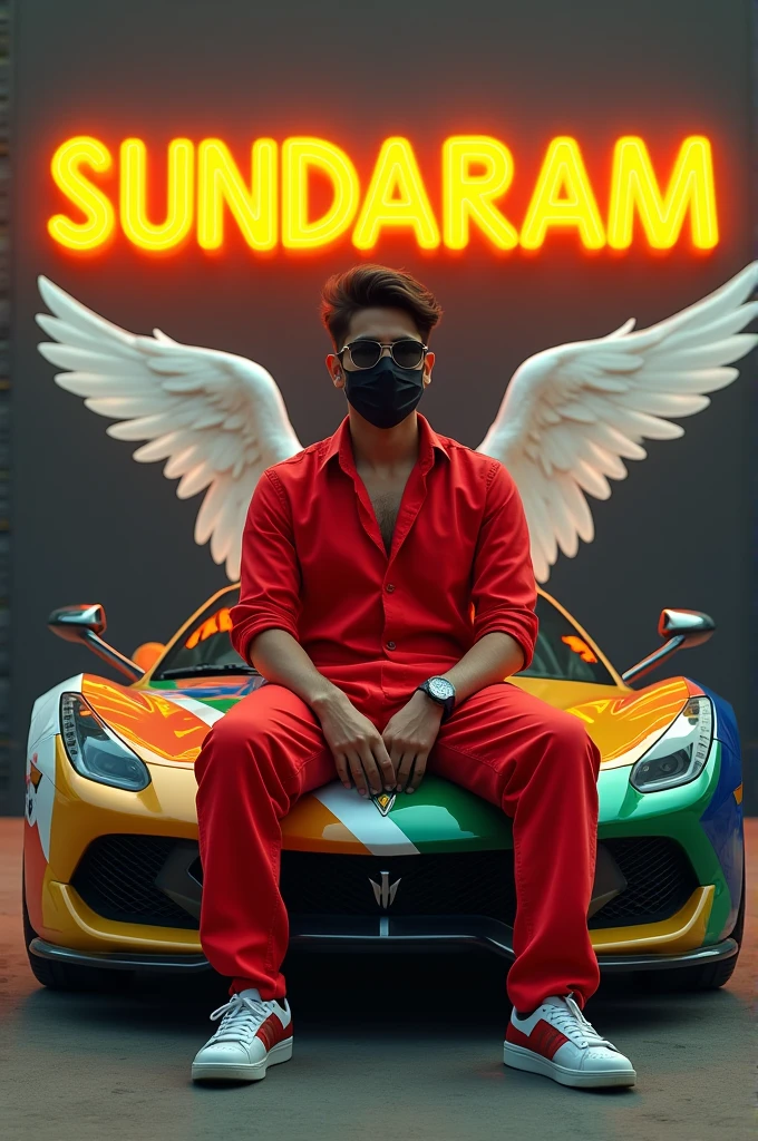 create a realistic profile picture where a 25 year old boy attitude BOY in a red dress and sunglasses sitting casually on a wingback indian flag color Super car, wearing sneakers, with black mask, and sunglasses, be looks ahead, the background features SUNDARAM in big and capital in yellow neon font on the dark grey wall, there should not be his shodow, and there are wings to make it appear as if be is an angel.

 Join Telegram