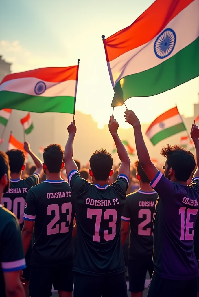 Happy independence day
With indian flags
People are wearing black and purple OdishaFC jersey
Falg are more visibility up front celebration for independence day