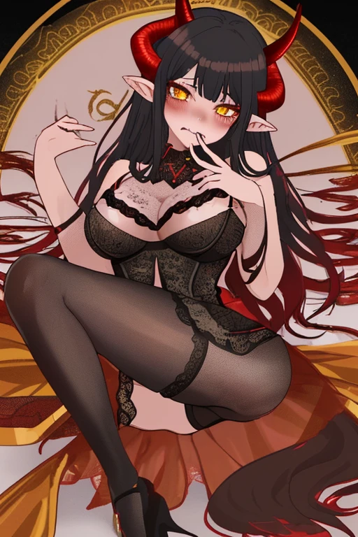 1 a girl, red skinned, yellow irises, blackquality hair, Horns on the forehead, slutty look, blushed face,lace pantyhose, lace lingerie, a finger in the mouth, big breasts 20 centimeters wide and 30 centimeters thick.