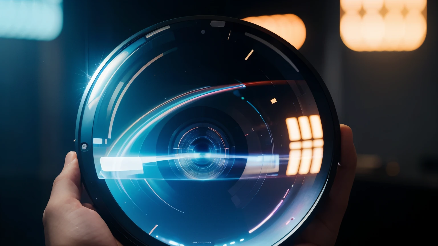 A person holding a lens， Holographic display lens, Holding a shiny lens, The image is full of futuristic feeling, Holographic interface, blue circular hologram, technology, Enhance vision, Foreseeing the future, Detailed photos of the virtual world, future technology, Camera lens, Digital Enhancement