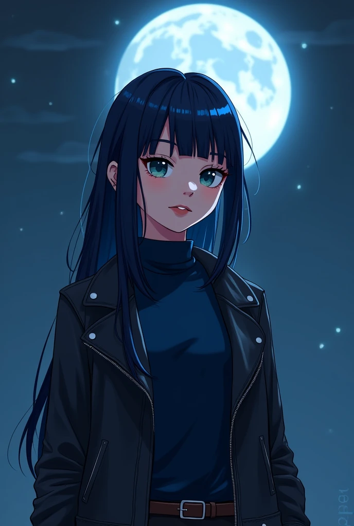 Young Brazilian human fascinated by Greek mythology and supernatural creatures, deep connection with the dark forces of the night, A horror RPG, mystery and investigation set in modern times, the basic image, occultist, long hair with bangs, butterfly haircut, dark blue-black hair color, very fair skin, at night with the moon, wearing a navy blue long sleeve turtleneck shirt, leather jacket, outgoing, ARTe Realistic Cartoon, uncanny, Paranormal order Cellbit, rounded face, rpg paranormal order