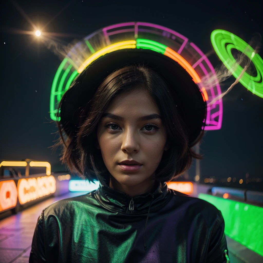 Round art, extraterrestrial smoking, neon green and violet colors, ship and comets.